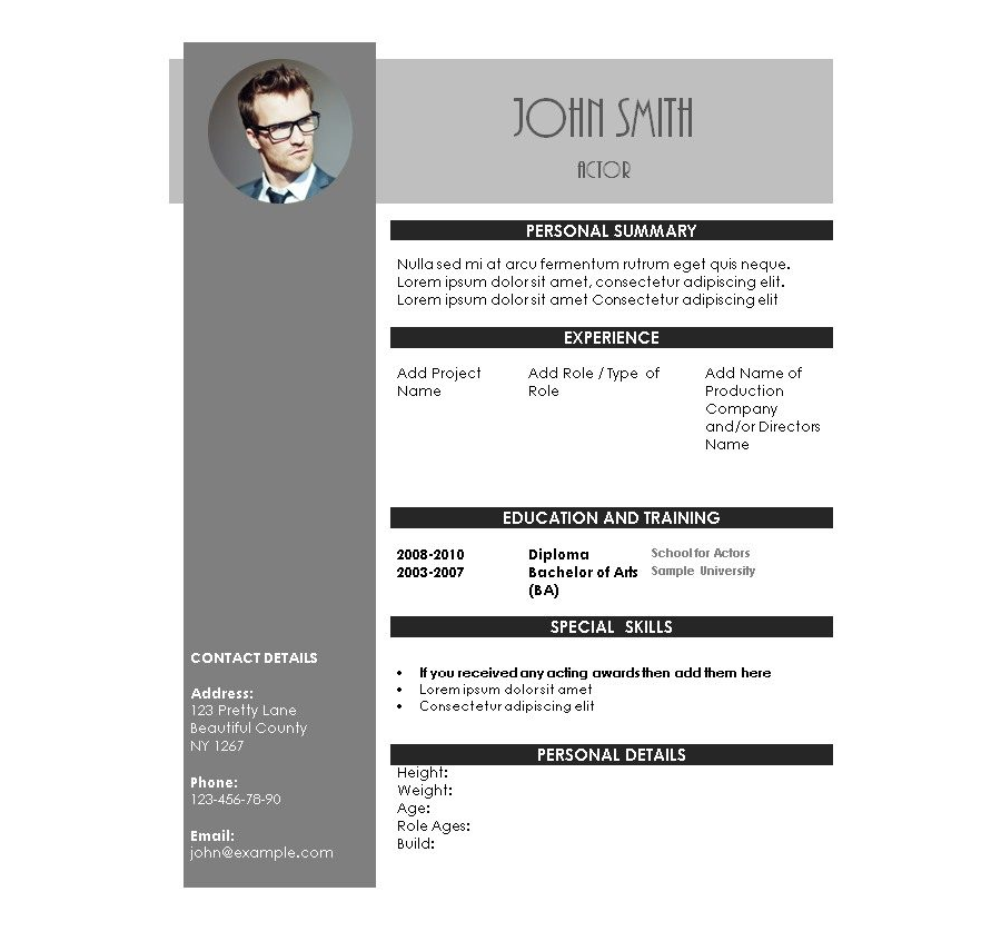 Acting Resume Template with Photo